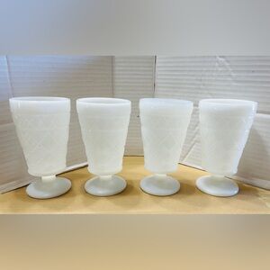 Vintage tumblers, set of 4, Hazel Atlas milk glass, gothic pattern. 1950’s era.